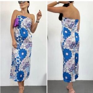 Zara blue purple floral flower print hippie strapless midi dress 70s 80s NWT